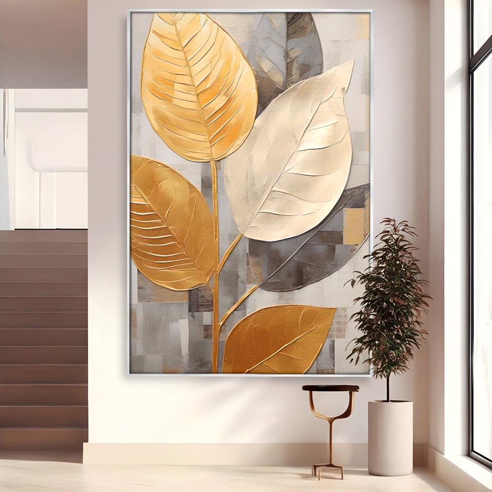Tablou canvas cu tablou canvas cu frunze aurii texturate, in rama de aluminiu argintiu